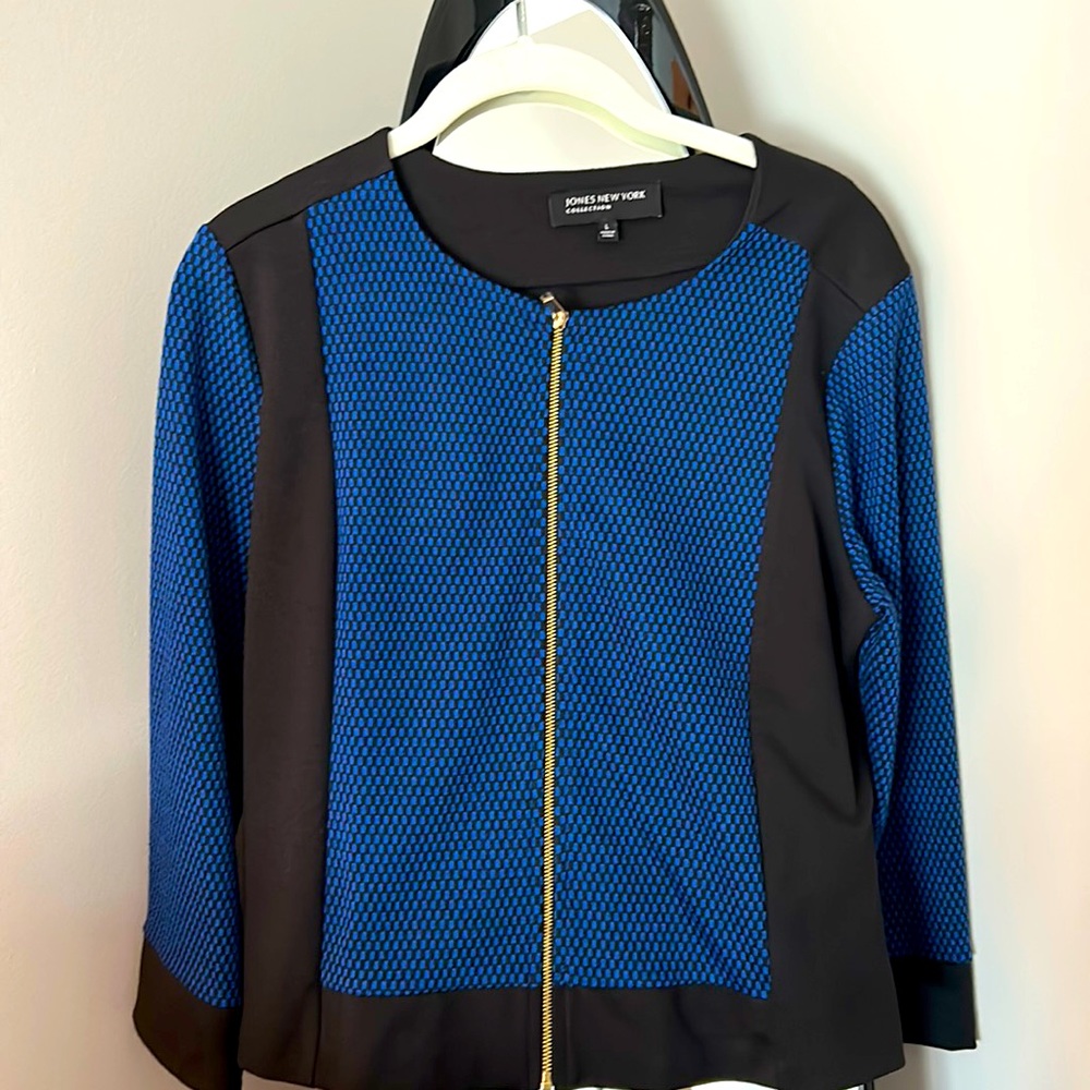 Blue black short jacket with gold zipper size L